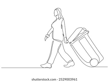 Continuous single line sketch drawing of woman holding pushing rubbish bin garbage plastic box container trash can one line editable vector illustration