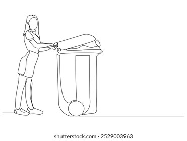 Continuous single line sketch drawing of woman holding pushing rubbish bin garbage plastic box container trash can one line editable vector illustration