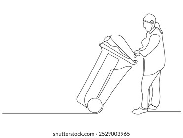 Continuous single line sketch drawing of woman holding pushing rubbish bin garbage plastic box container trash can one line editable vector illustration