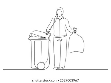 Continuous single line sketch drawing of woman holding pushing rubbish bin garbage plastic box container trash can one line editable vector illustration