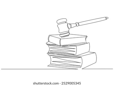 Continuous single line sketch drawing of gavel law justice judge hammer and stack of books one line editable vector illustration