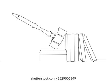 Continuous single line sketch drawing of gavel law justice judge hammer and stack of books one line editable vector illustration