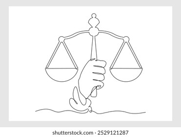 Continuous single line sketch drawing of hand holding gavel law balance and scale of justice equilibrium equality judgment. Libra icon one line editable eps vector illustration