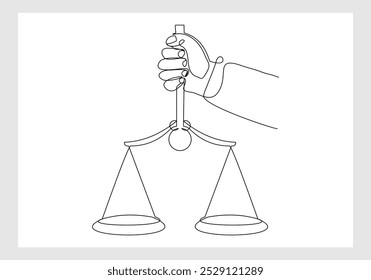 Continuous single line sketch drawing of hand holding gavel law balance and scale of justice equilibrium equality judgment. Libra icon one line editable eps vector illustration