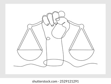 Continuous single line sketch drawing of hand holding gavel law balance and scale of justice equilibrium equality judgment. Libra icon one line editable eps vector illustration