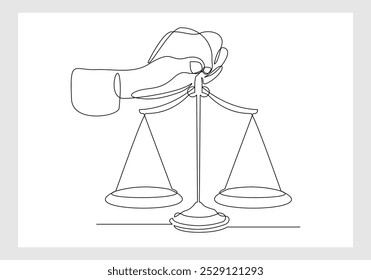 Continuous single line sketch drawing of hand holding gavel law balance and scale of justice equilibrium equality judgment. Libra icon one line editable eps vector illustration