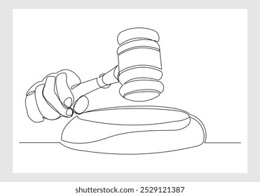 Continuous single line sketch drawing of hand holding and knock hit gavel judge law wooden hammer court justice lawyer one line editable eps vector illustration	