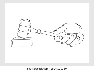 Desenho de esboço de linha única contínuo de mão segurando e batendo golpes de martelo lei de juiz de madeira martelo tribunal advogado uma linha editável eps vetor ilustração	