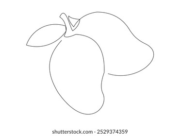 Continuous single line sketch drawing of whole and sliced mango fruit. Editable stroke one line of tropical fresh fruit vector illustration