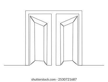 Dibujo continuo de boceto de una sola línea de muebles de madera de casa de puerta abierta. Una línea de arte de la Ilustración vectorial de concepto de futuro de libertad abierta