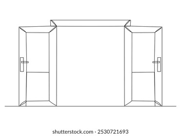 Kontinuierliche einzeilige Skizze Zeichnung der geöffneten Tür Haus Holzmöbel. Eine Zeile Kunst der offenen Freiheit Zukunft Konzept Vektorgrafik