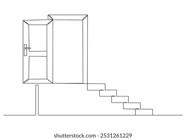 Dibujo continuo de boceto de una sola línea de puerta abierta y escaleras para el logro del negocio y la oportunidad de entrada de esperanza de libertad futura una línea Ilustración vectorial