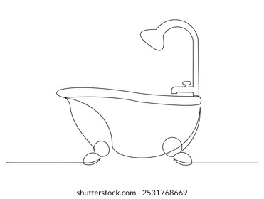 Continuous single line sketch drawing of bathtub clawfoot bath tub luxury bathroom furniture one line vector illustration