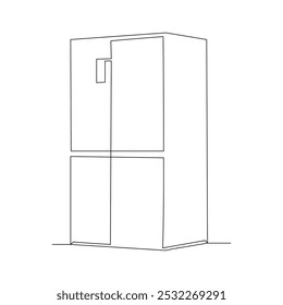 Continuous single line sketch drawing of refrigerator icebox cooler box freezer home appliance utilities electrical equipment one line editable stroke vector illustration