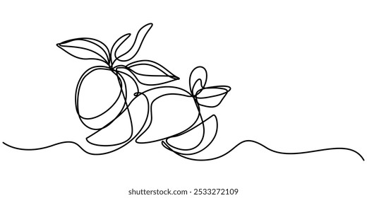 Continuous single line sketch drawing of whole and sliced mango fruit. Editable stroke one line of tropical fresh fruit vector illustration, Single one line drawing of half sliced healthy organic