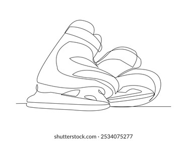 Continuous single line sketch drawing of ice skate shoe extreme sport winter accessories one line vector illustration