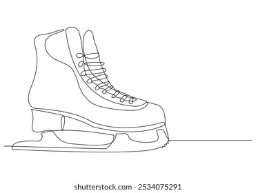 Continuous single line sketch drawing of ice skate shoe extreme sport winter accessories one line vector illustration