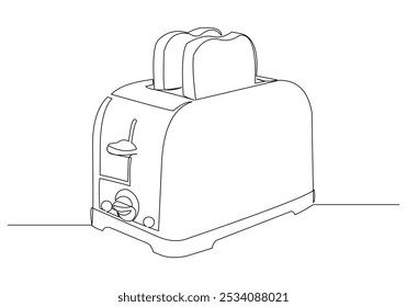 Desenho de esboço de linha única contínuo de torradeira de pão de padaria elétrica para comida de café da manhã. Casa ferramenta eletrodoméstico cozinha ferramenta eletrônica elétrica uma linha vetor ilustração