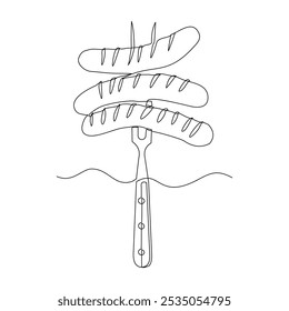 Dibujo continuo de boceto de una sola línea de salchicha a la parrilla con tenedor barbacoa brocheta de escupitajo una línea Ilustración vectorial editable