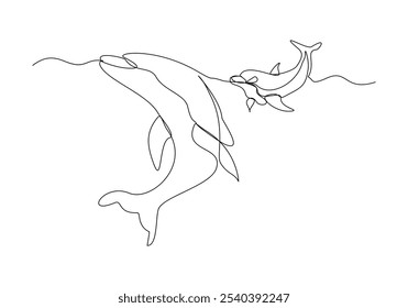 Desenho de esboço de linha única contínuo de salto e nadar golfinho uma ilustração vetor linha