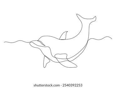 Continuous single line sketch drawing of jumping and swimming dolphin one line vector illustration