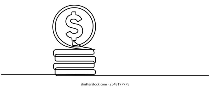 Desenho de linha única contínua desenho arte de mulher de negócios com moeda de grande dinheiro. Uma linha de salvar moedas de dólar ilustração vetor de dinheiro, desenho de linha contínua de moeda de dólar ícone.single linha desenhar