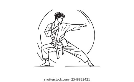 Dibujo continuo de boceto de una sola línea de un joven confiado karate en kimono practicando combate de karate de lucha. Una línea de arte marcial tradicional concepto de entrenamiento deportivo Ilustración vectorial