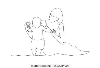 Dibujo continuo de boceto de una sola línea de madre madre madre madre que enseña a su hijo a caminar y jugar. Una línea de arte de amor parenting concepto de familia Ilustración vectorial. Vector hecho a mano, no IA.