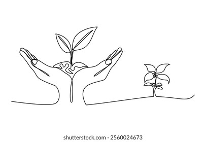 Continuous single line sketch drawing of hand holding earth globe tree save world environment.