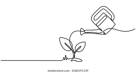 Continuous single line sketch drawing of watering can plant tree seedling growth. One line art of nature agriculture farming economy growing vector illustration, Watering Can and Flower, pro vector.