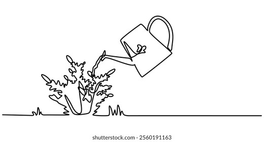 Continuous single line sketch drawing of watering can plant tree seedling growth. One line art of nature agriculture farming economy growing vector illustration, Watering Can and Flower, pro vector.