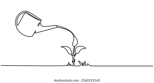 Continuous single line sketch drawing of watering can plant tree seedling growth. One line art of nature agriculture farming economy growing vector illustration, Watering Can and Flower, pro vector.