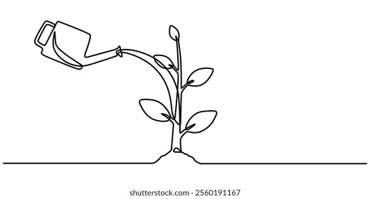 Continuous single line sketch drawing of watering can plant tree seedling growth. One line art of nature agriculture farming economy growing vector illustration, Watering Can and Flower, pro vector.