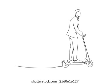 Continuous single line sketch drawing of young man ride electric scooter for mobile activity. One line modern go green future transportation vector illustration. 
 Hand made vector not AI 