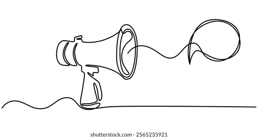Continuous single line sketch drawing of megaphone speaker with bubble chat. One line art of sound tool equipment vector illustration, One continuous line drawing of loudspeaker bullhorn with speech. 
