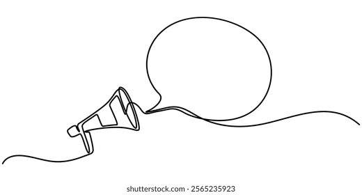 Continuous single line sketch drawing of megaphone speaker with bubble chat. One line art of sound tool equipment vector illustration, One continuous line drawing of loudspeaker bullhorn with speech. 