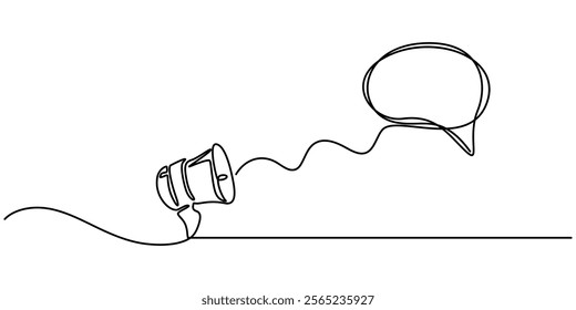 Continuous single line sketch drawing of megaphone speaker with bubble chat. One line art of sound tool equipment vector illustration, One continuous line drawing of loudspeaker bullhorn with speech. 