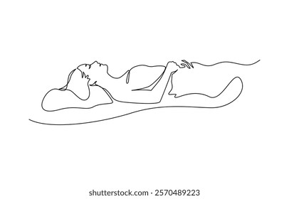 Continuous single line sketch drawing of woman sleeping on pillow bed, woman home sleep relax relax calm tired one line art design vector.