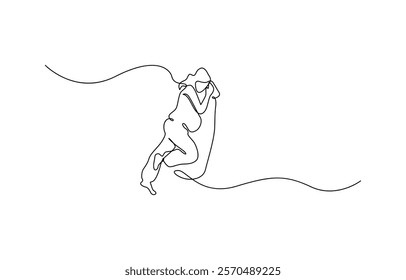 Continuous single line sketch drawing of woman sleeping on pillow bed, woman home sleep relax relax calm tired one line art design vector.