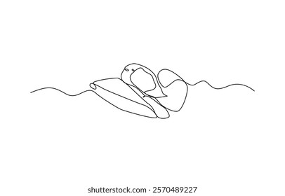 Continuous single line sketch drawing of woman sleeping on pillow bed, woman home sleep relax relax calm tired one line art design vector.