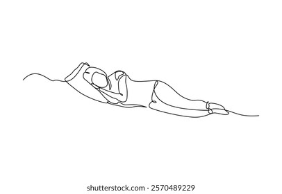 Continuous single line sketch drawing of woman sleeping on pillow bed, woman home sleep relax relax calm tired one line art design vector.