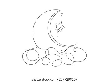 Continuous single line sketch drawing of moon crescent and star ramadhan kareem ied mubarak islamic symbol one line art vector illustration