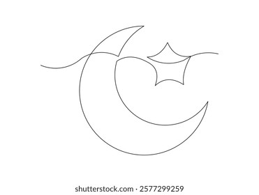 Continuous single line sketch drawing of moon crescent and star ramadhan kareem ied mubarak islamic symbol one line art vector illustration