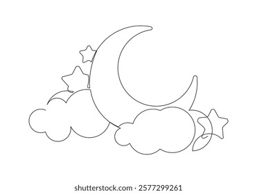 Continuous single line sketch drawing of moon crescent and star ramadhan kareem ied mubarak islamic symbol one line art vector illustration