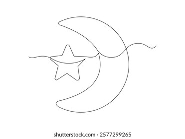 Continuous single line sketch drawing of moon crescent and star ramadhan kareem ied mubarak islamic symbol one line art vector illustration