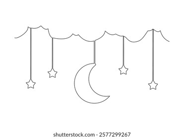 Continuous single line sketch drawing of moon crescent and star ramadhan kareem ied mubarak islamic symbol one line art vector illustration