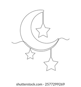 Continuous single line sketch drawing of moon crescent and star ramadhan kareem ied mubarak islamic symbol one line art vector illustration