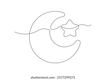 Continuous single line sketch drawing of moon crescent and star ramadhan kareem ied mubarak islamic symbol one line art vector illustration