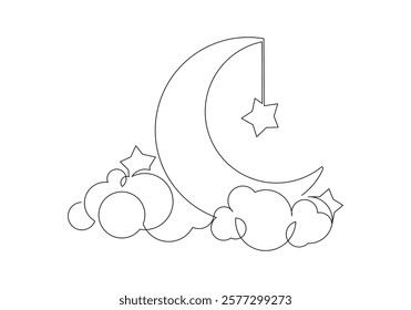 Continuous single line sketch drawing of moon crescent and star ramadhan kareem ied mubarak islamic symbol one line art vector illustration