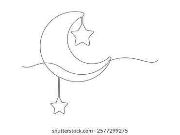 Continuous single line sketch drawing of moon crescent and star ramadhan kareem ied mubarak islamic symbol one line art vector illustration